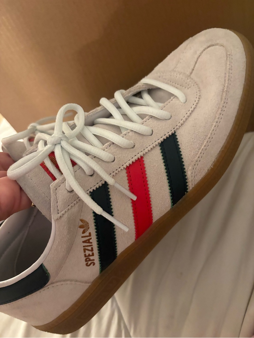 adidas Spezial Suede Sneaker in Light Beige with Red & Dark Green Stripes